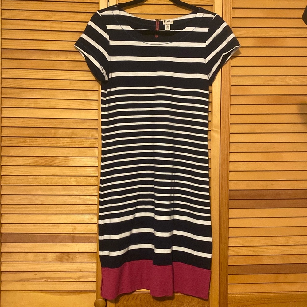 Hatley 100% Cotton Navy, White, and Pink Striped Dress. Size Small